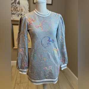 New! QUEEN OF SPARKLES Gray Sequin Football Helmet Long Sleeve Sweatshirt Dress